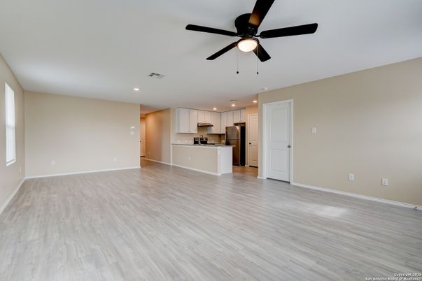 Empty room, Interior, Kitchen, Recessed Lighting, Wood Texture Flooring