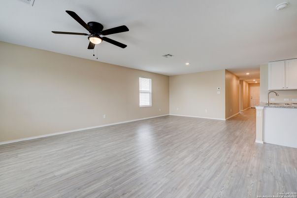 Empty room, Interior, Kitchen, Recessed Lighting, Wood Texture Flooring