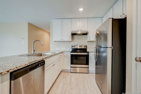 Interior, Kitchen, Recessed Lighting, Stainless Steel Appliances, Wood Texture Flooring