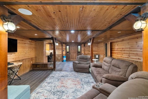 Fireplace, Interior, Living room, Recessed Lighting, Wooden Beams, Wooden Ceilings, Wood Texture Flooring, Wooden Walls