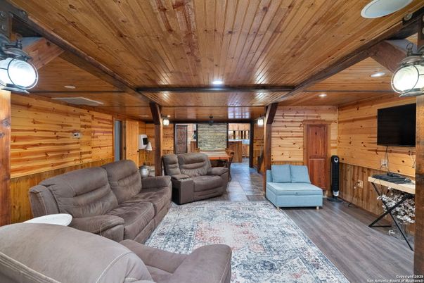 Interior, Living room, Recessed Lighting, Stone Walls, Wooden Beams, Wooden Ceilings, Wooden Walls