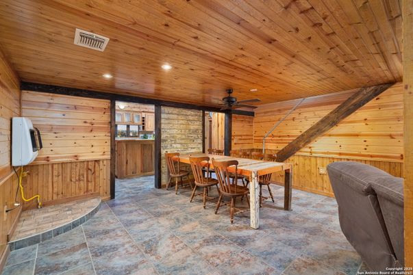 Dining room, Interior, Recessed Lighting, Stone Walls, Wooden Beams, Wooden Ceilings, Wooden Walls