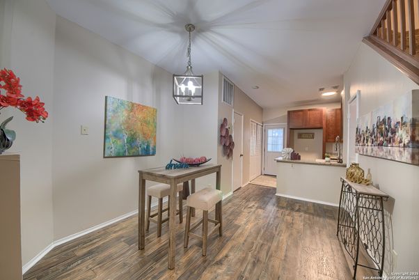 Dining room, Interior, Kitchen, Pendant Lights, Wood Texture Flooring