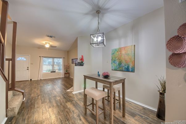 Dining room, Interior, Pendant Lights, Wood Texture Flooring