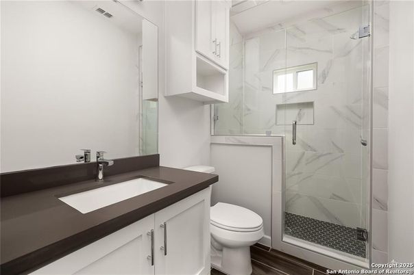Bathroom, Glass Shower, Interior, Marble Walls, Wood Texture Flooring