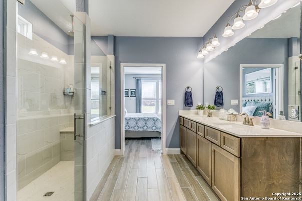 Bathroom, Dual Sink Vanities, Glass Shower, Interior, Wood Texture Flooring