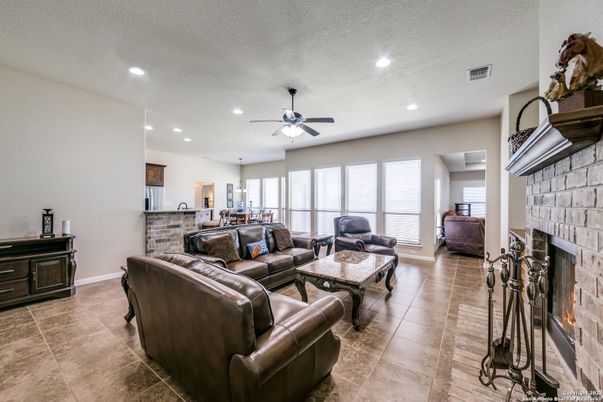 Fireplace, Interior, Living room, Recessed Lighting, Stone Walls
