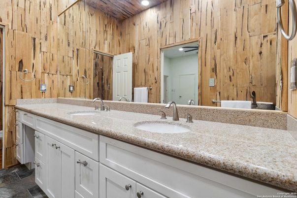 Bathroom, Dual Sink Vanities, Interior, Recessed Lighting, Wooden Walls