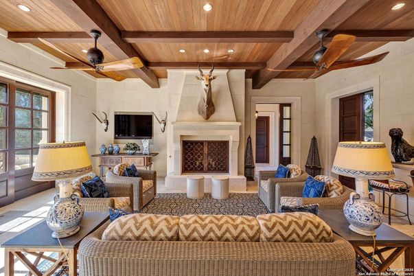 Fireplace, Interior, Living room, Recessed Lighting, Stone Walls, Wooden Beams, Wooden Ceilings