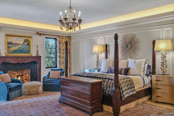Bedroom, Chandelier, Fireplace, Interior