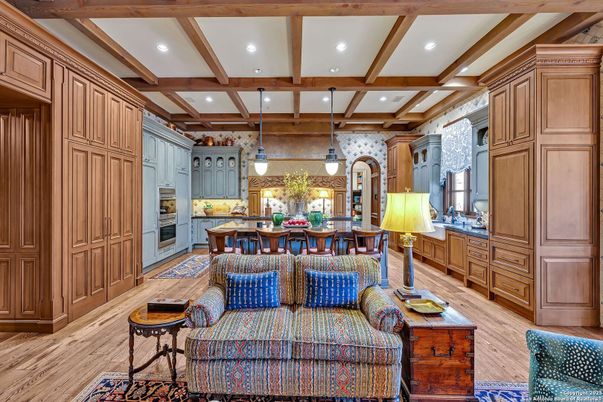 Interior, Kitchen, Pendant Lights, Recessed Lighting, Stainless Steel Appliances, Wooden Beams, Wood Texture Flooring