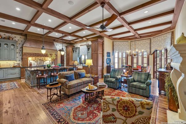 Interior, Kitchen, Living room, Pendant Lights, Recessed Lighting, Wooden Beams, Wood Texture Flooring