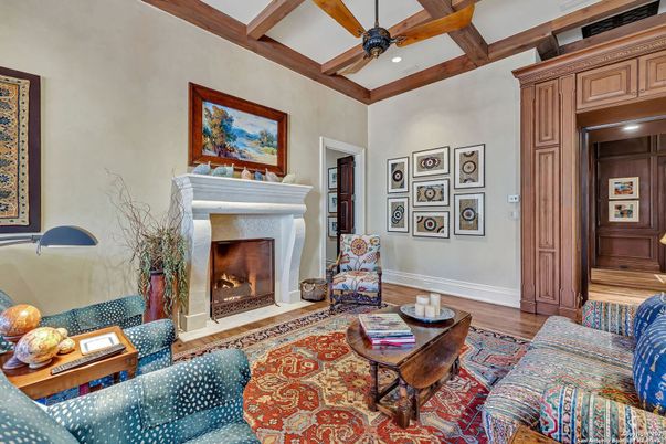 Fireplace, Interior, Living room, Recessed Lighting, Wooden Beams, Wood Texture Flooring