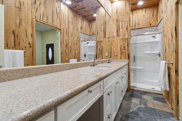 Bathroom, Dual Sink Vanities, Interior, Recessed Lighting, Wooden Walls