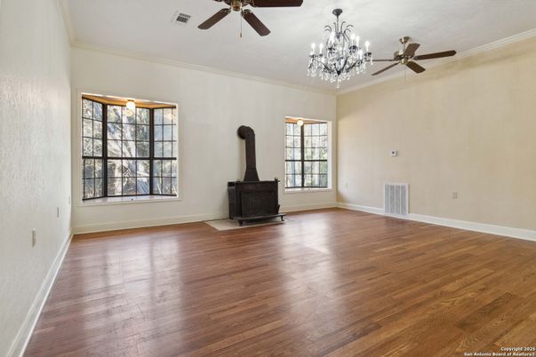 Chandelier, Empty room, Fireplace, Interior, Wood Texture Flooring