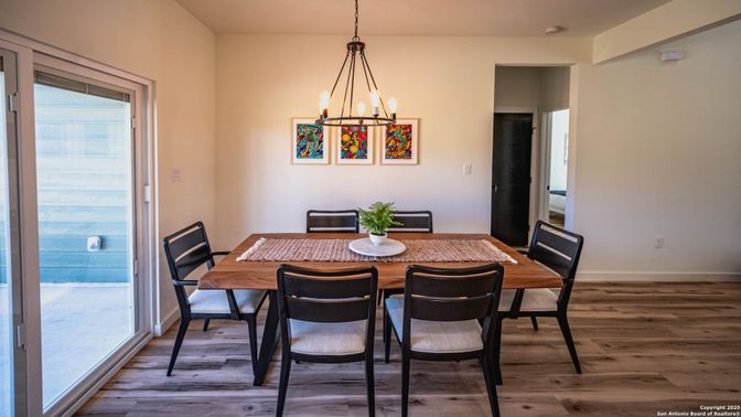 Dining room, Interior, Pendant Lights, Wood Texture Flooring