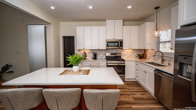 Interior, Kitchen, Pendant Lights, Recessed Lighting, Stainless Steel Appliances, Wood Texture Flooring