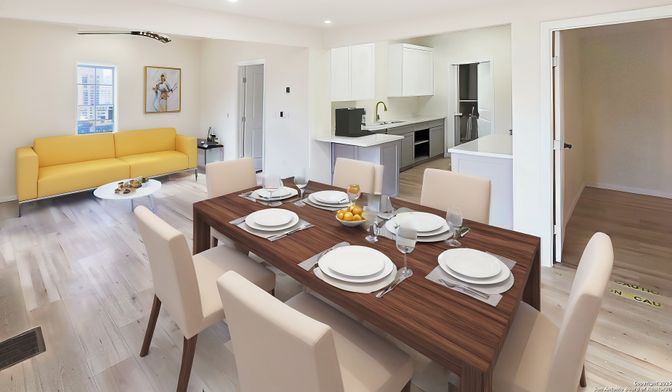 Dining room, Interior, Kitchen, Living room, Recessed Lighting, Wood Texture Flooring