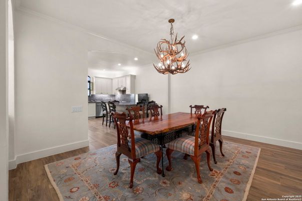 Chandelier, Dining room, Interior, Kitchen, Recessed Lighting, Wood Texture Flooring