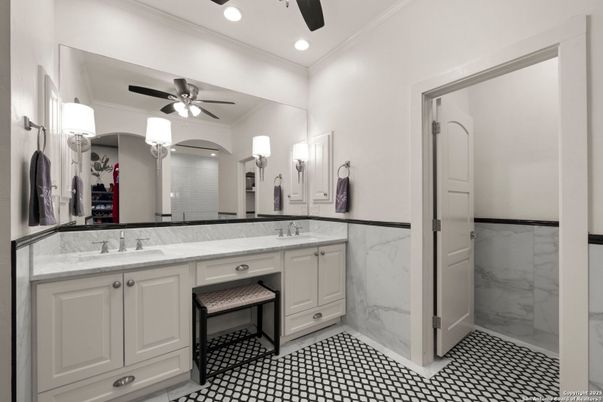 Bathroom, Dual Sink Vanities, Interior, Marble Walls, Recessed Lighting
