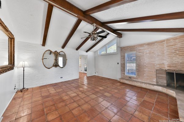 Empty room, Fireplace, Interior, Stone Walls, Wooden Beams