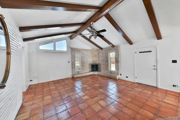 Empty room, Fireplace, Interior, Stone Walls, Wooden Beams