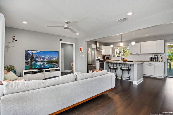 Interior, Kitchen, Living room, Pendant Lights, Recessed Lighting, Stainless Steel Appliances, Wood Texture Flooring