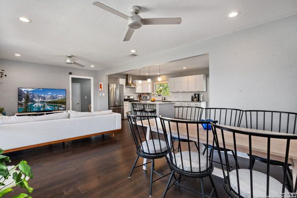 Interior, Kitchen, Living room, Recessed Lighting, Stainless Steel Appliances, Wood Texture Flooring