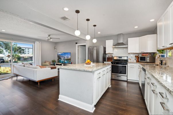 Interior, Kitchen, Living room, Pendant Lights, Recessed Lighting, Stainless Steel Appliances, Wood Texture Flooring