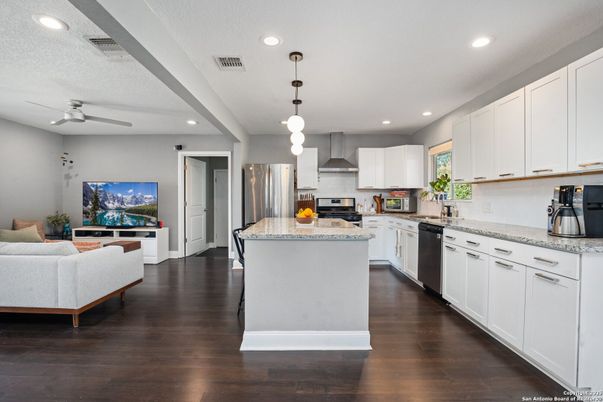 Interior, Kitchen, Pendant Lights, Recessed Lighting, Stainless Steel Appliances, Wood Texture Flooring