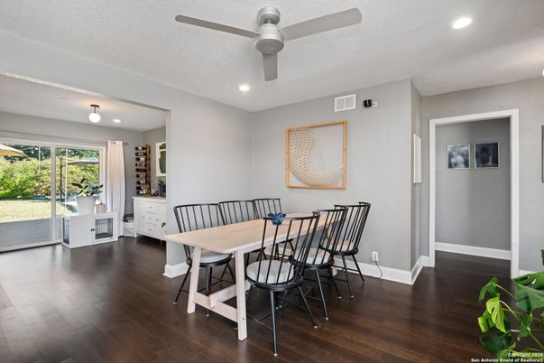 Dining room, Interior, Recessed Lighting, Wood Texture Flooring