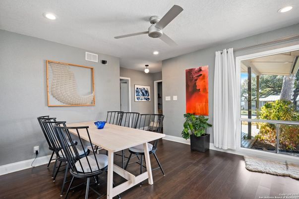 Dining room, Interior, Recessed Lighting, Wood Texture Flooring