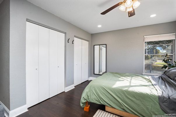 Bedroom, Interior, Recessed Lighting, Wood Texture Flooring