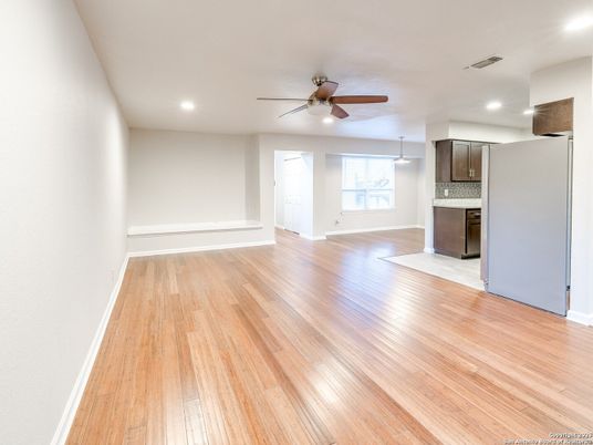 Empty room, Interior, Kitchen, Pendant Lights, Recessed Lighting, Wood Texture Flooring
