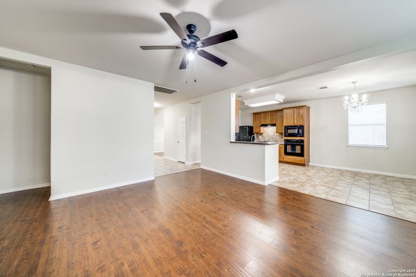 Chandelier, Empty room, Interior, Kitchen, Wood Texture Flooring