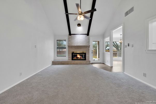 Empty room, Fireplace, Interior, Pendant Lights, Wood Texture Flooring