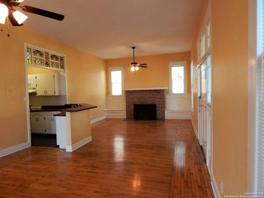 Empty room, Fireplace, Interior, Kitchen, Wood Texture Flooring