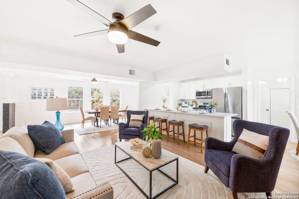 Dining room, Interior, Kitchen, Living room, Stainless Steel Appliances, Wood Texture Flooring