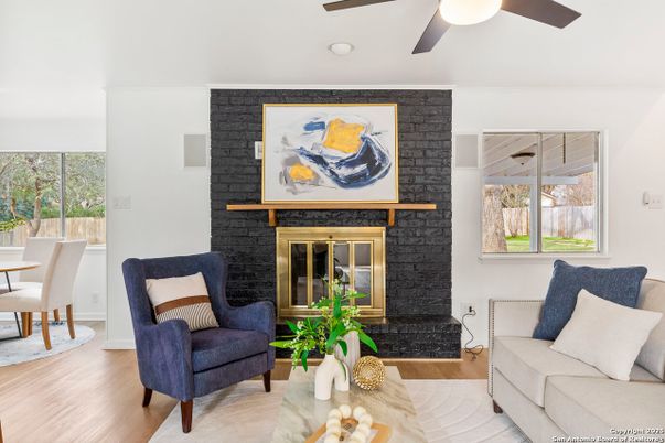 Dining room, Fireplace, Interior, Living room, Stone Walls, Wood Texture Flooring