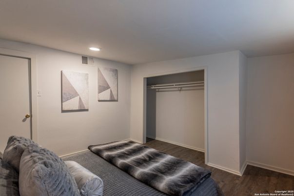 Bedroom, Interior, Recessed Lighting, Wood Texture Flooring