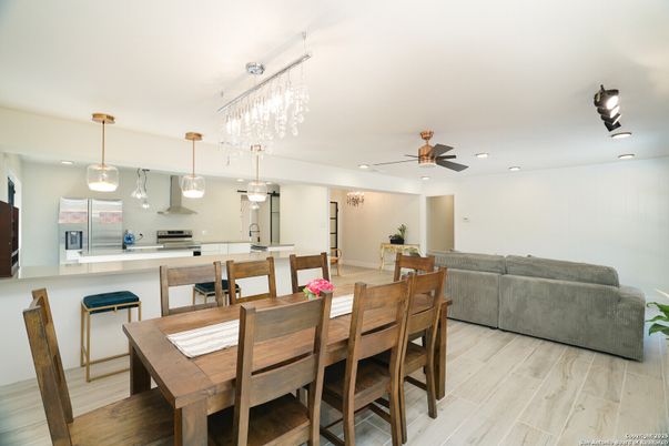 Dining room, Interior, Kitchen, Living room, Pendant Lights, Recessed Lighting, Wood Texture Flooring