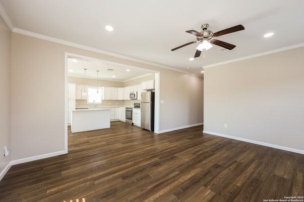 Empty room, Interior, Kitchen, Pendant Lights, Recessed Lighting, Wood Texture Flooring