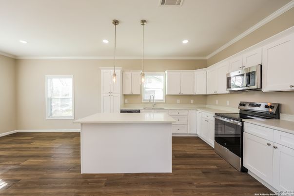 Interior, Kitchen, Pendant Lights, Recessed Lighting, Stainless Steel Appliances, Wood Texture Flooring