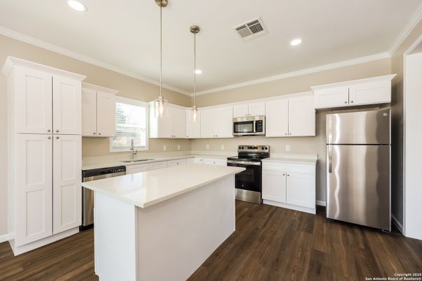 Interior, Kitchen, Pendant Lights, Recessed Lighting, Stainless Steel Appliances, Wood Texture Flooring