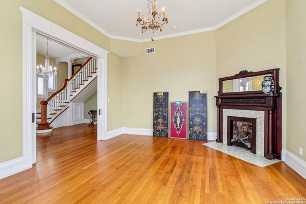 Chandelier, Fireplace, Interior, Wood Texture Flooring