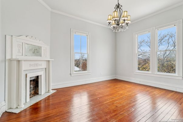 Chandelier, Empty room, Fireplace, Interior, Wood Texture Flooring