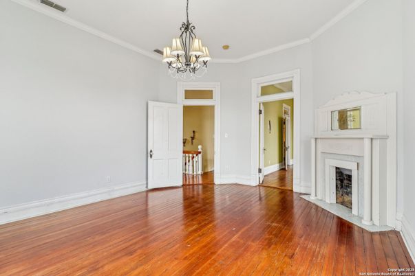 Chandelier, Empty room, Fireplace, Interior, Wood Texture Flooring
