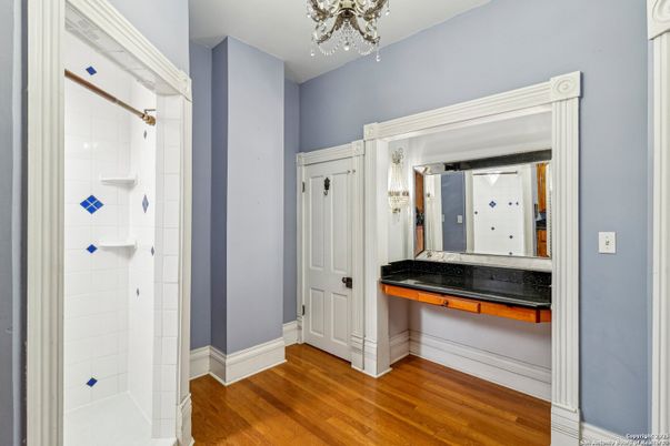 Bathroom, Chandelier, Interior, Wood Texture Flooring