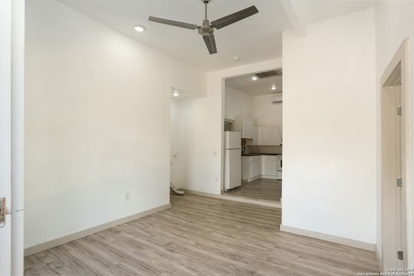 Empty room, Interior, Kitchen, Recessed Lighting, Wood Texture Flooring