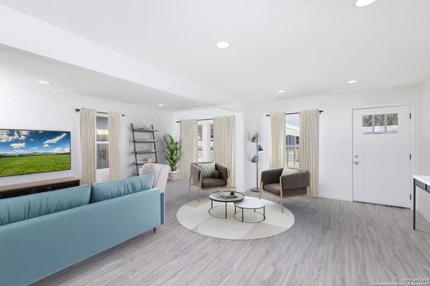 Interior, Living room, Recessed Lighting, Wood Texture Flooring